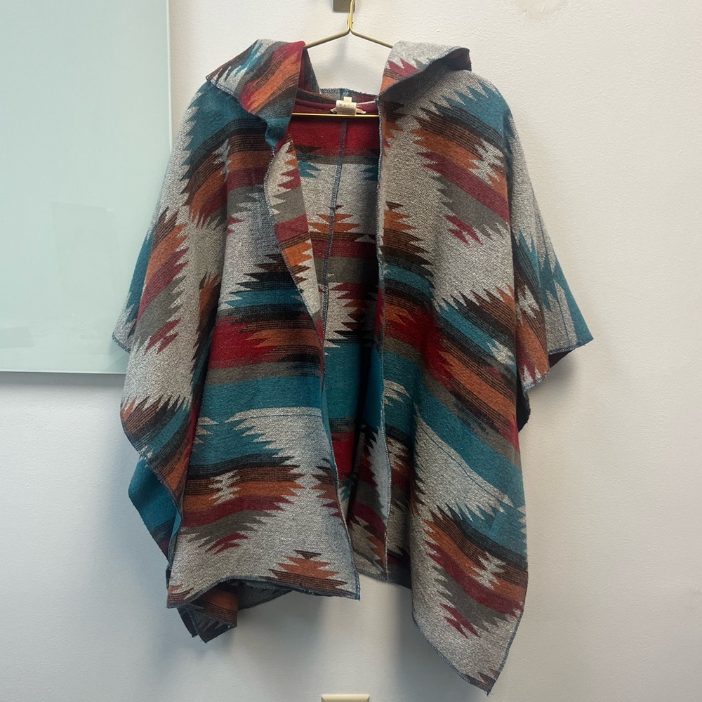 Mystree Aztec Southeastern Navajo Wool Blend Hooded Cape Poncho